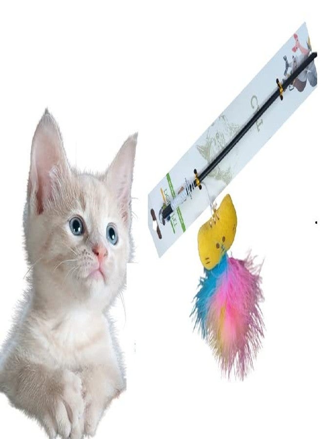 Smart Pups Cat Retractable Bell Teaser Wand Toy, Interactive Natural Feather Cat Kitten Toy - Image 1